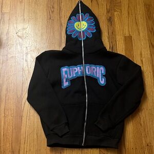 EUPHORIC Black Hoodie full zip flower mens M EUC